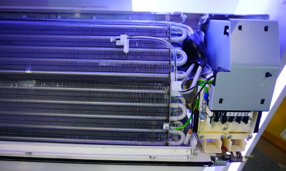 Inside of the air conditioner showing the coils