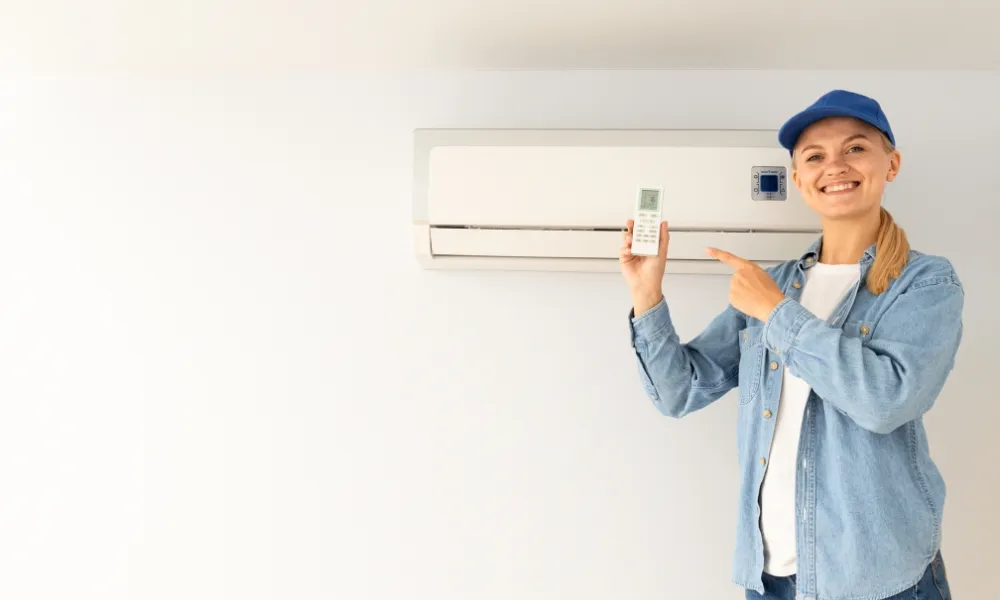 HVAC professional pointing her hand to a remote control of air conditioner
