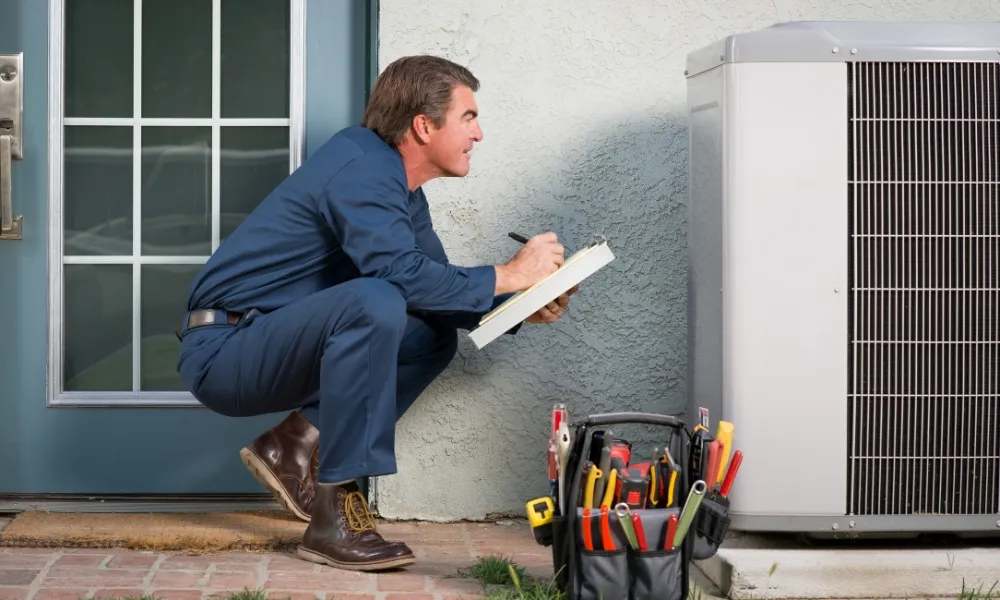 Professional technician checking the fan of air conditioner and writing on his checklist