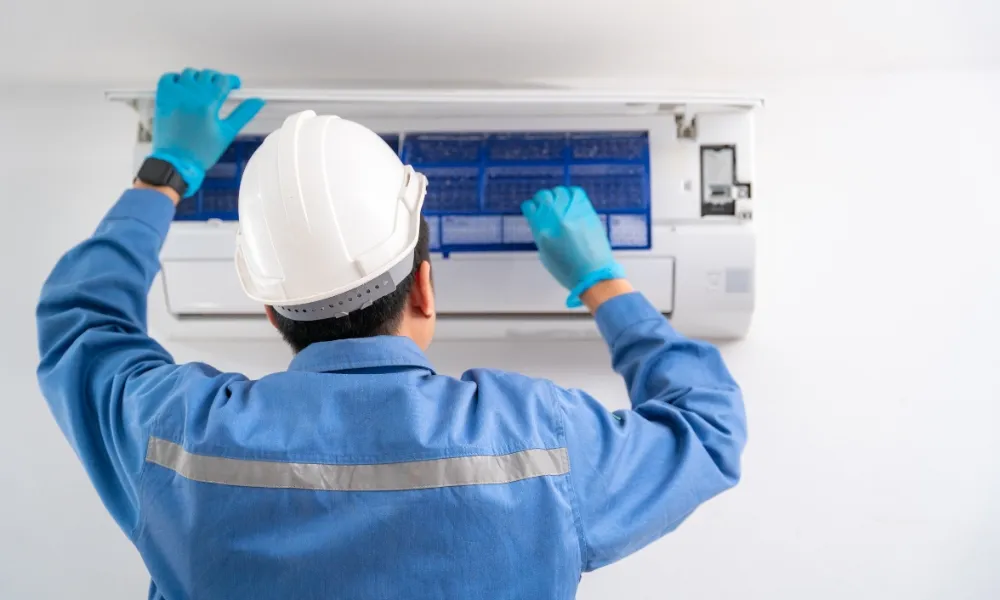 Cleaning professional replacing the filters of air conditioner