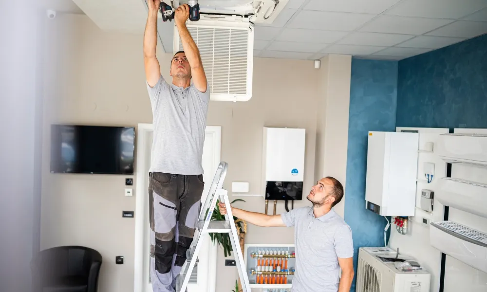 HVAC professional fixing the ceiling cassette air conditioner and his coworker holding the ladder